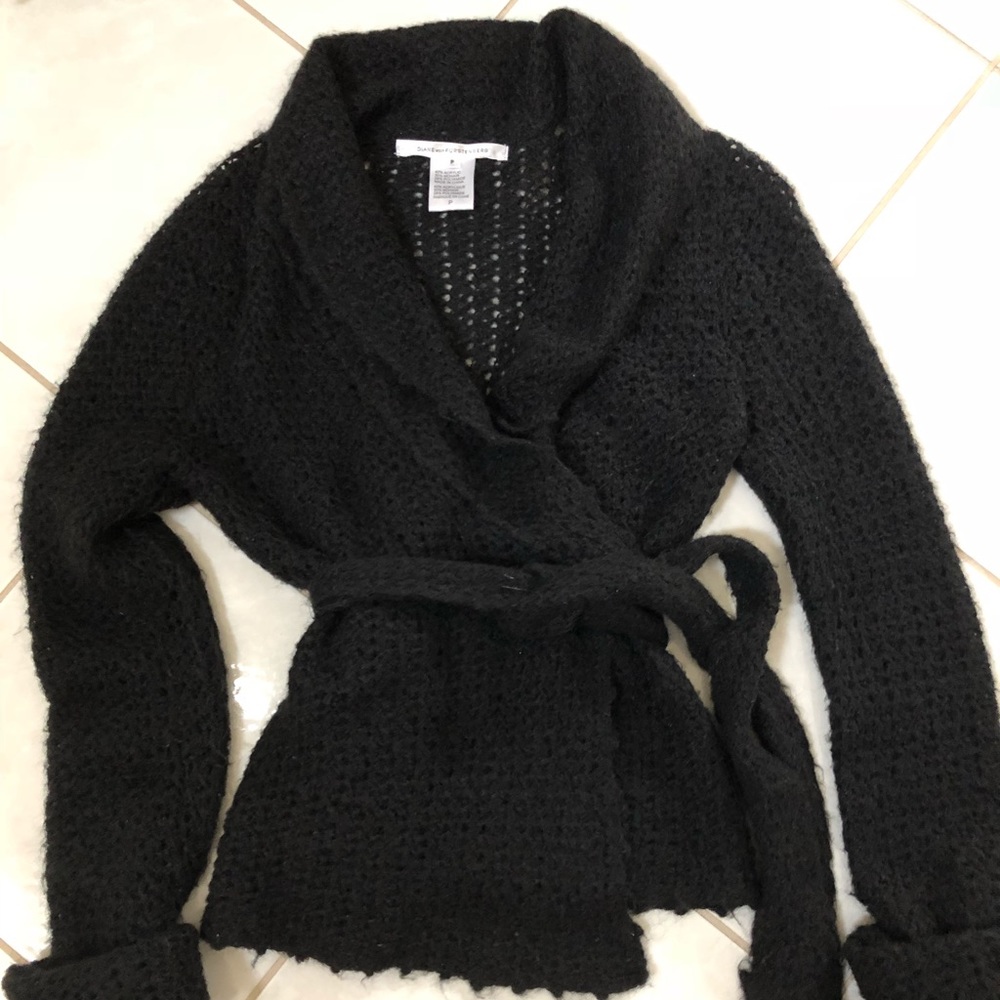 Diane von Furstenberg Wrap Sweater Coat Black sz P